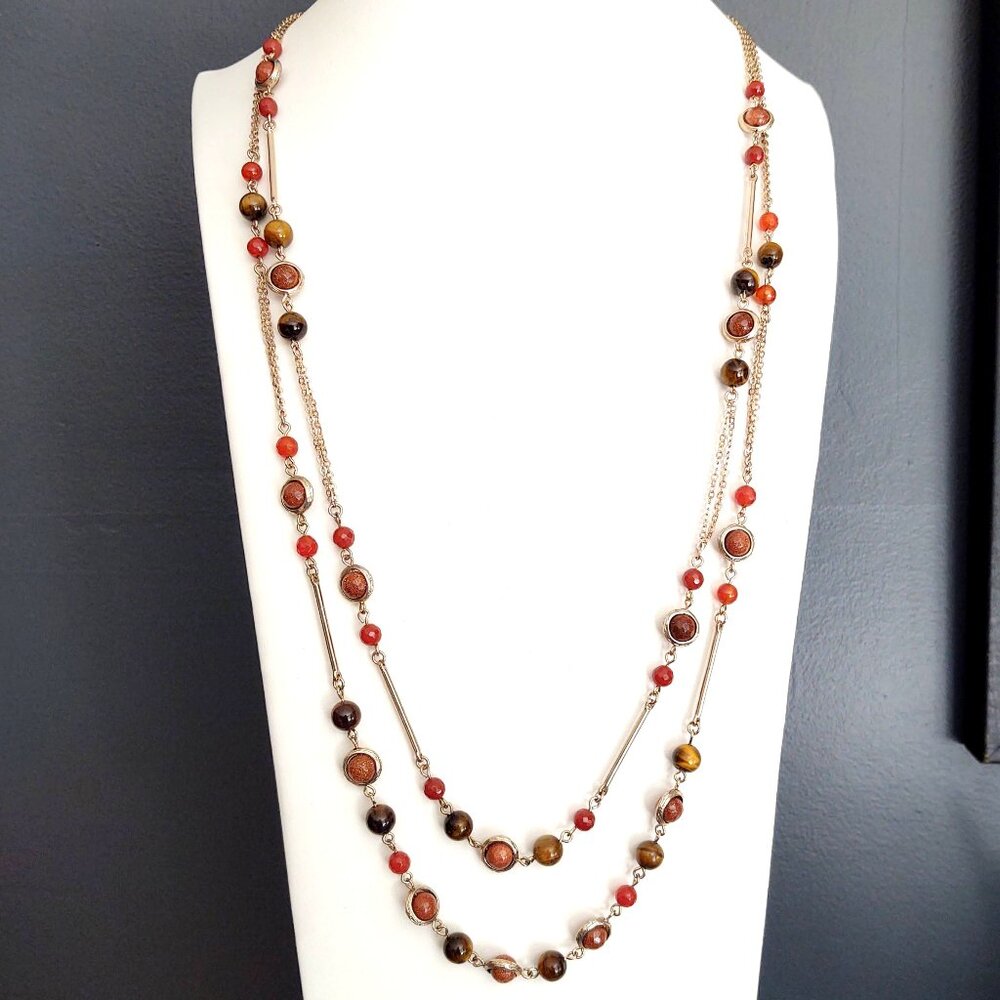 Long tiger's eye, orange glass and rust sparkle beaded 2 strand necklace